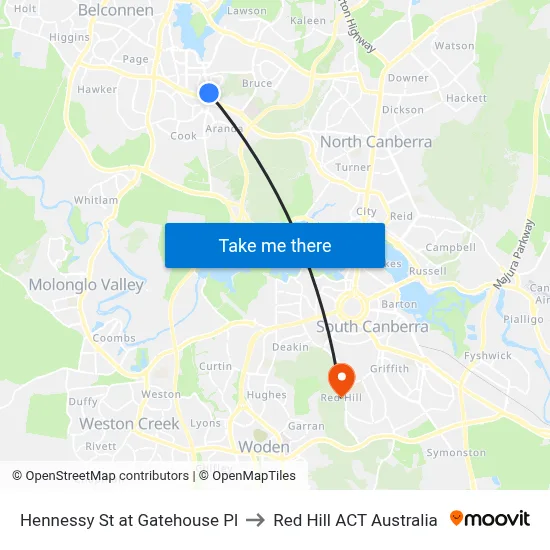 Hennessy St at Gatehouse Pl to Red Hill ACT Australia map