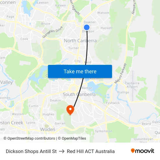 Dickson Shops Antill St to Red Hill ACT Australia map