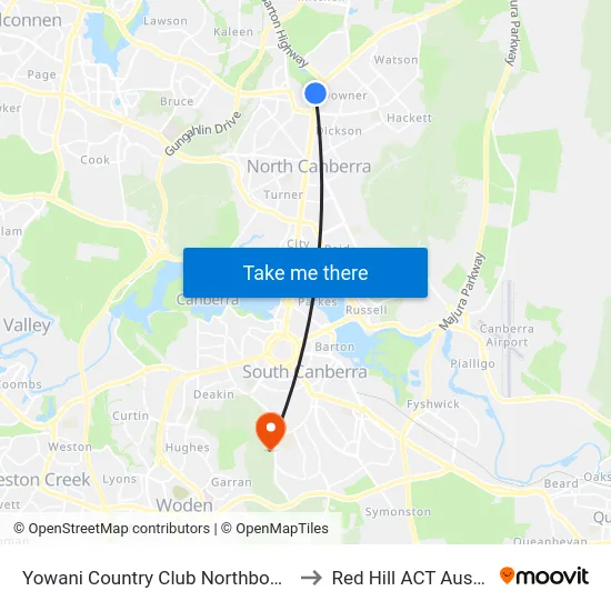 Yowani Country Club Northbourne Av to Red Hill ACT Australia map