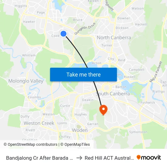 Bandjalong Cr After Barada Cr to Red Hill ACT Australia map