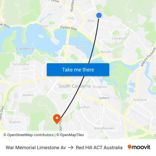 War Memorial Limestone Av to Red Hill ACT Australia map