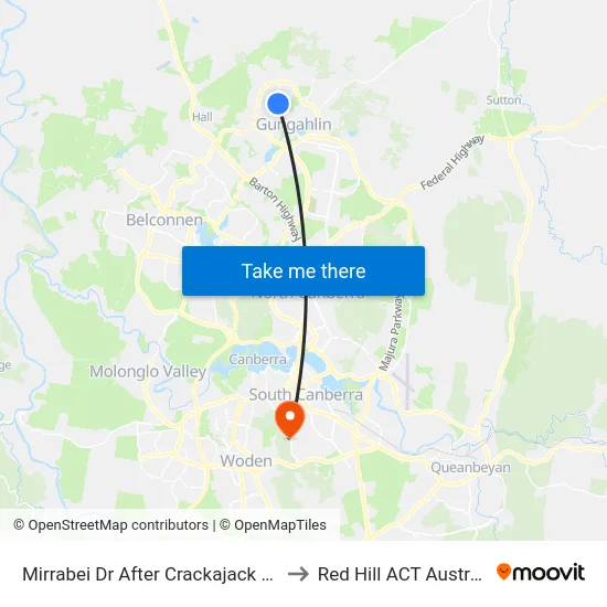 Mirrabei Dr After Crackajack Way to Red Hill ACT Australia map