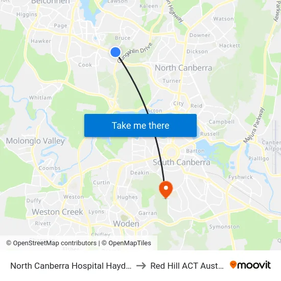 North Canberra Hospital Haydon Dr to Red Hill ACT Australia map