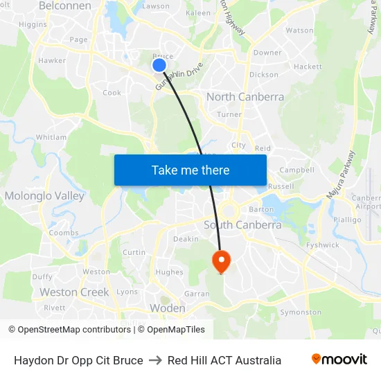 Haydon Dr Opp Cit Bruce to Red Hill ACT Australia map