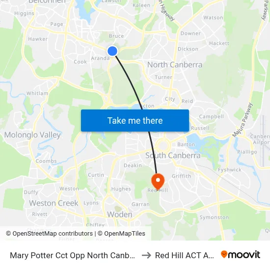 Mary Potter Cct Opp North Canberra Hospital to Red Hill ACT Australia map