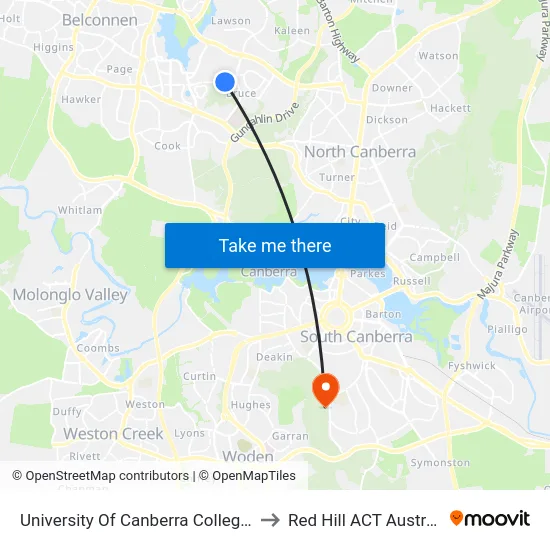 University Of Canberra College St to Red Hill ACT Australia map