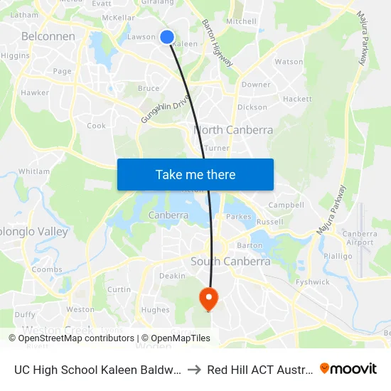 UC High School Kaleen Baldwin Dr to Red Hill ACT Australia map