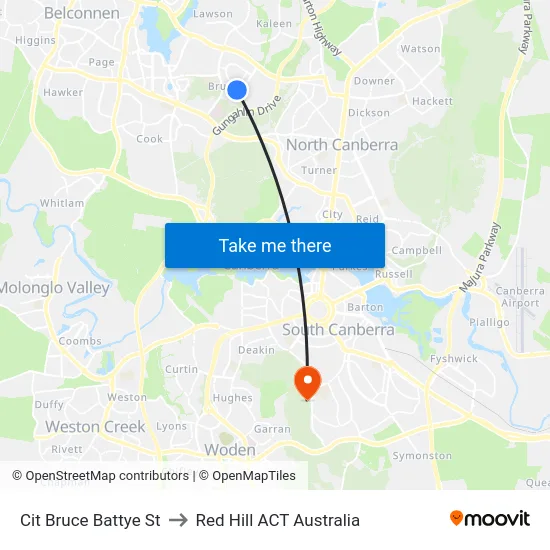 Cit Bruce Battye St to Red Hill ACT Australia map