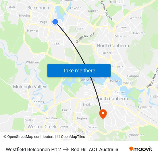 Westfield Belconnen Plt 2 to Red Hill ACT Australia map
