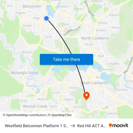 Westfield Belconnen Platform 1 Set Down Only to Red Hill ACT Australia map