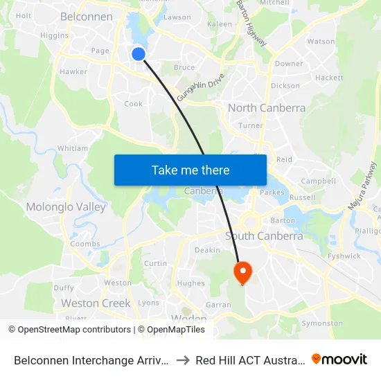 Belconnen Interchange Arrivals to Red Hill ACT Australia map