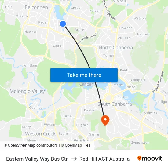 Eastern Valley Way Bus Stn to Red Hill ACT Australia map
