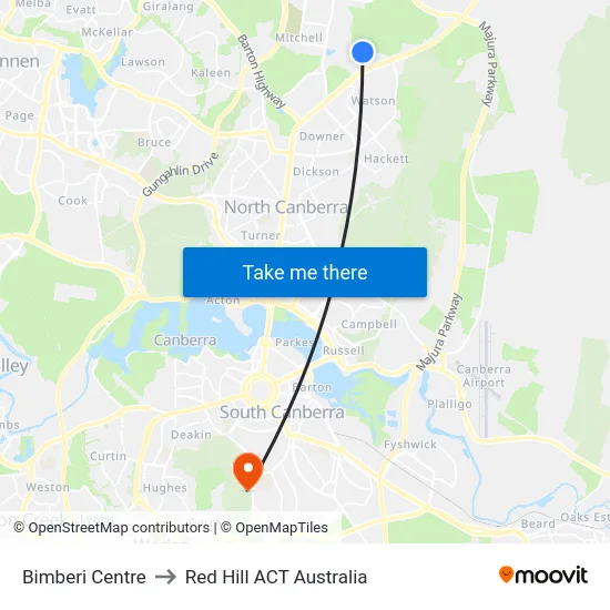 Bimberi Centre to Red Hill ACT Australia map