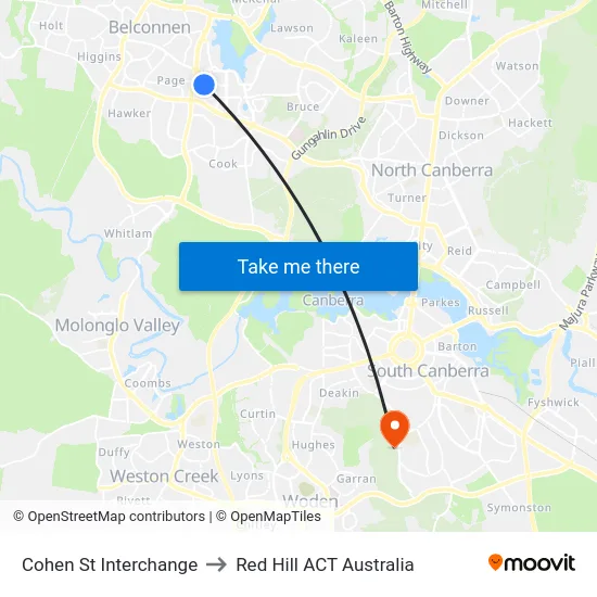 Cohen St Interchange to Red Hill ACT Australia map
