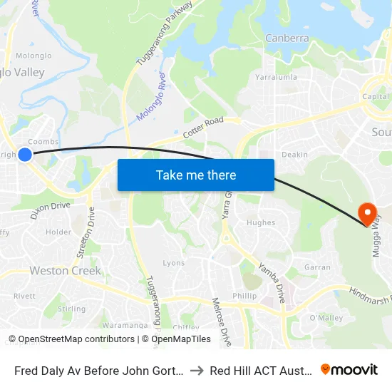 Fred Daly Av Before John Gorton Dr to Red Hill ACT Australia map