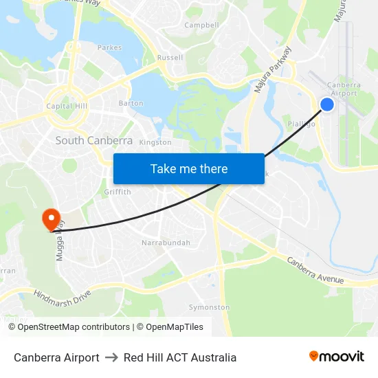 Canberra Airport to Red Hill ACT Australia map