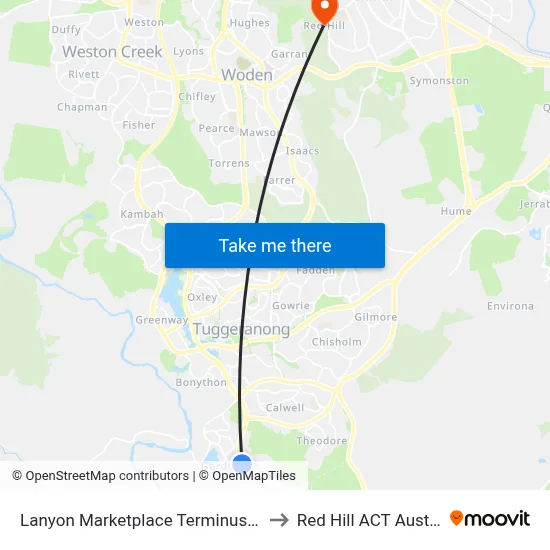 Lanyon Marketplace Terminus North to Red Hill ACT Australia map