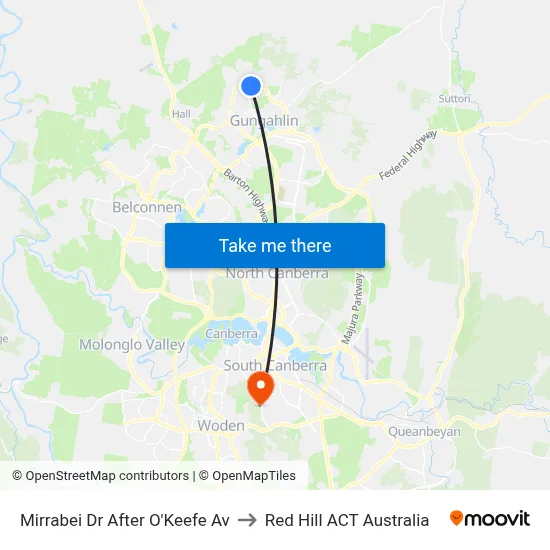 Mirrabei Dr After O'Keefe Av to Red Hill ACT Australia map