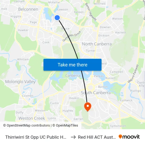 Thirriwirri St Opp UC Public Hospital to Red Hill ACT Australia map