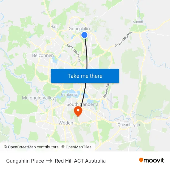Gungahlin Place to Red Hill ACT Australia map