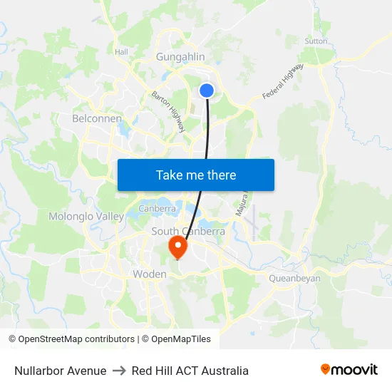 Nullarbor Avenue to Red Hill ACT Australia map