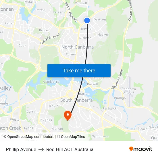 Phillip Avenue to Red Hill ACT Australia map