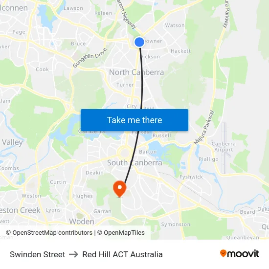 Swinden Street to Red Hill ACT Australia map