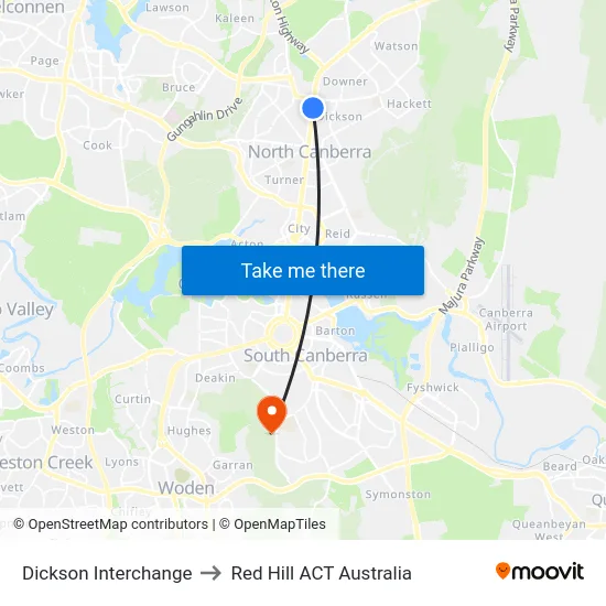 Dickson Interchange to Red Hill ACT Australia map