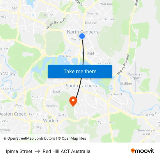 Ipima Street to Red Hill ACT Australia map