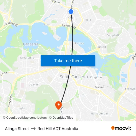 Alinga Street to Red Hill ACT Australia map