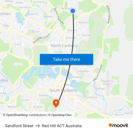 Sandford Street to Red Hill ACT Australia map