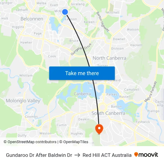 Gundaroo Dr After Baldwin Dr to Red Hill ACT Australia map