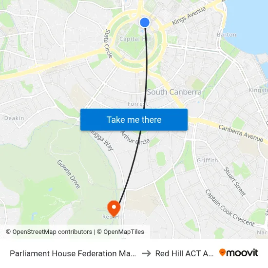 Parliament House Federation Mall Northbound to Red Hill ACT Australia map
