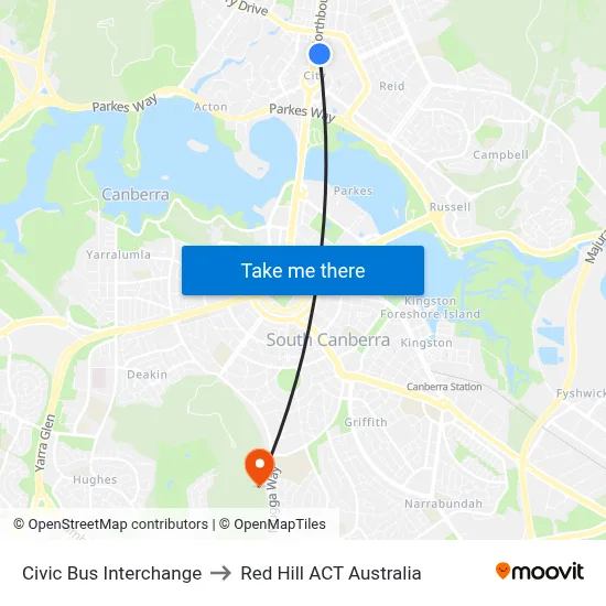 Civic Bus Interchange to Red Hill ACT Australia map
