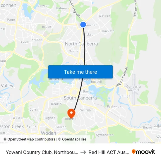 Yowani Country Club, Northbourne Ave to Red Hill ACT Australia map