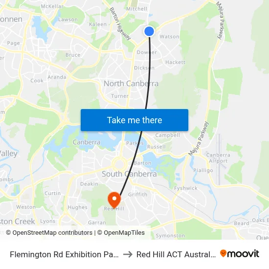 Flemington Rd Exhibition Park to Red Hill ACT Australia map