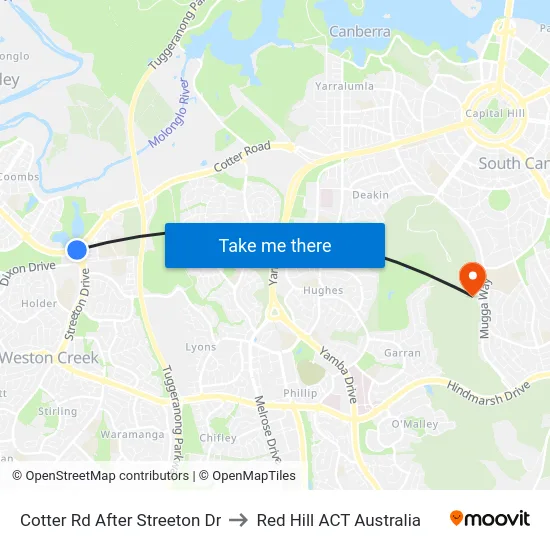 Cotter Rd After Streeton Dr to Red Hill ACT Australia map