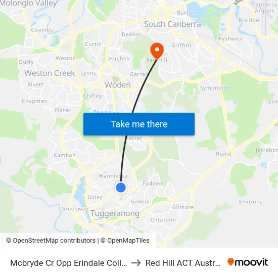 Mcbryde Cr Opp Erindale College to Red Hill ACT Australia map