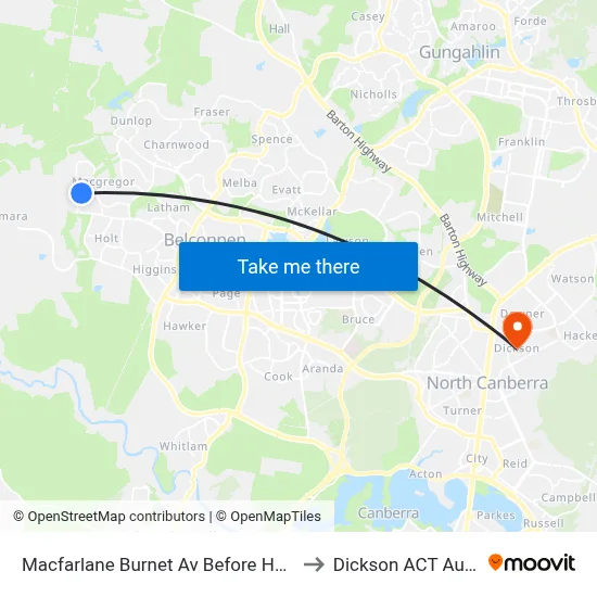 Macfarlane Burnet Av Before Hollows Cct to Dickson ACT Australia map