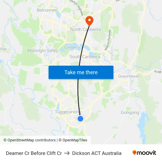 Deamer Cr Before Clift Cr to Dickson ACT Australia map