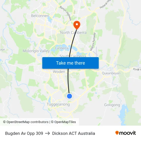 Bugden Av Opp 309 to Dickson ACT Australia map