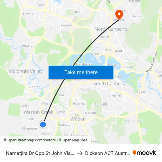 Namatjira Dr Opp St John Vianney to Dickson ACT Australia map