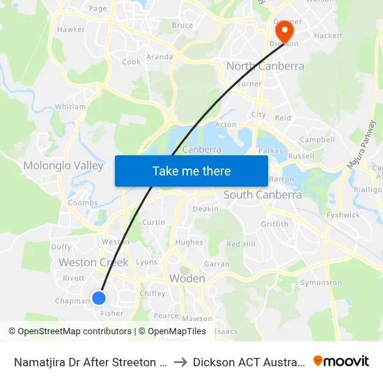 Namatjira Dr After Streeton Dr to Dickson ACT Australia map