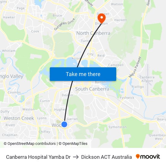 Canberra Hospital Yamba Dr to Dickson ACT Australia map