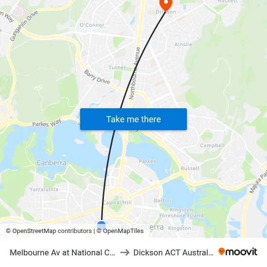 Melbourne Av at National Cct to Dickson ACT Australia map