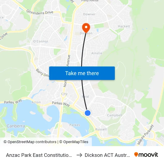 Anzac Park East Constitution Av to Dickson ACT Australia map