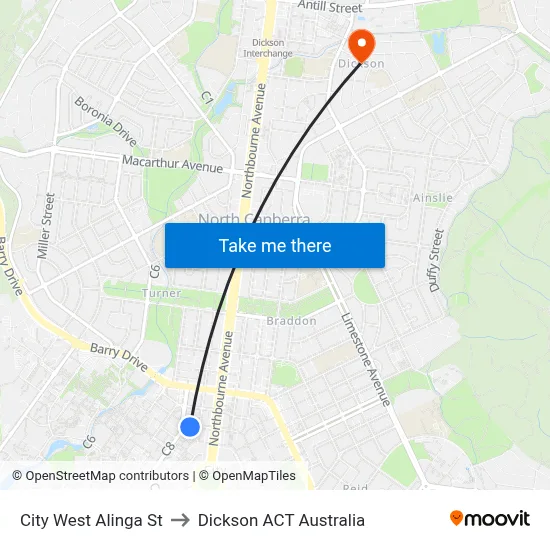 City West Alinga St to Dickson ACT Australia map