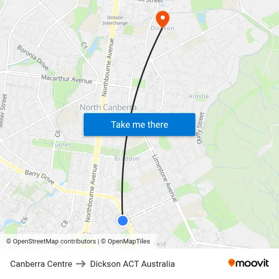 Canberra Centre to Dickson ACT Australia map
