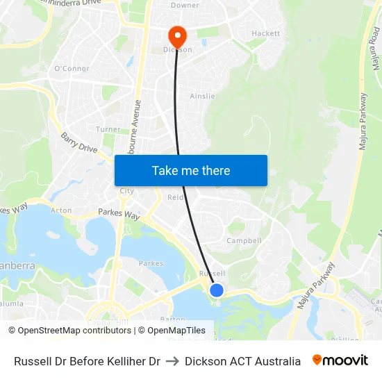Russell Dr Before Kelliher Dr to Dickson ACT Australia map