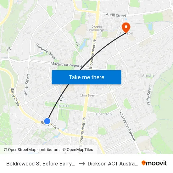 Boldrewood St Before Barry Dr to Dickson ACT Australia map
